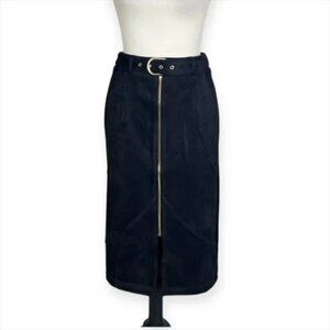 Marc New York Faux Suede Pencil Midi‎ Skirt Gold Zip Front Detail Belted Sz XS